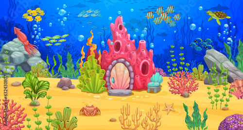 Cartoon underwater landscape for game level map with sea coral house building, animals, fish shoal and seaweeds, vector background. Ocean or undersea world game level with coral, turtle and squid