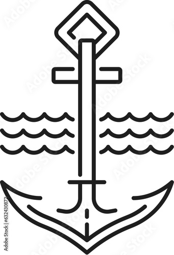 Marine boat or vessel anchor and wave line icon. Nautical sailing ship metal anchor line symbol, Navy vessel or yacht iron hook or marine cruise ship heavy equipment outline vector sign or pictogram