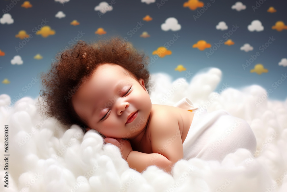 Cute african baby sleeping sweetly in cotton cloud