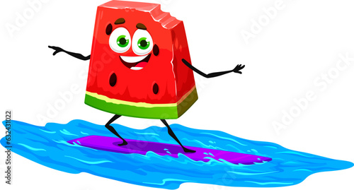 Cartoon watermelon character surfing on beach. Juicy fruit childish character, ripe watermelon isolated vector funny personage or summer vacation or sweet food comical mascot on surfboard