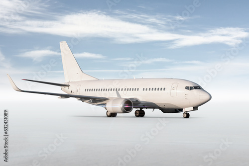 White passenger aircraft isolated on bright background with sky