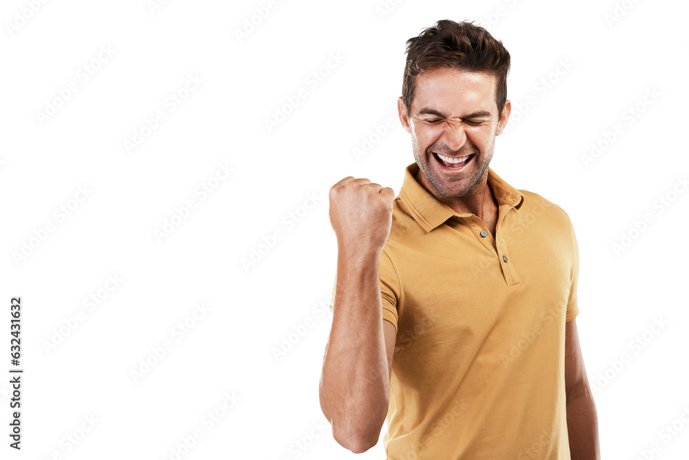Excited, winning and man with celebration and fist for motivation and success sign. Male person, happy and smile from achievement cheer and winner victory isolated on a transparent, png background Excited, winning and man with celebration and fist for motivation and success sign. Male person, happy and smile from achievement cheer and winner victory isolated on a transparent, png background