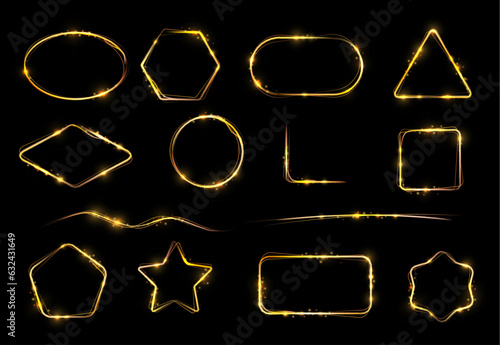 Frames with flame sparkles, glow light effect. Vector borders, lines and corners on black background. Gold glowing circle, square, star, rhombus and triangle, Pentagon and hexagon magic golden glitter