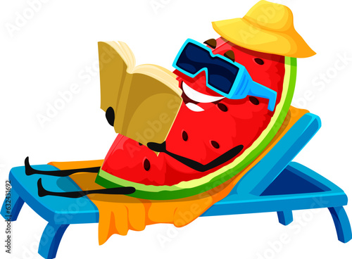 Cartoon watermelon character sunbathing on beach. Ripe watermelon happy personage, juicy fruit cheerful vector mascot or summer vacation cute character lying on beach lounge, reading book on vacation