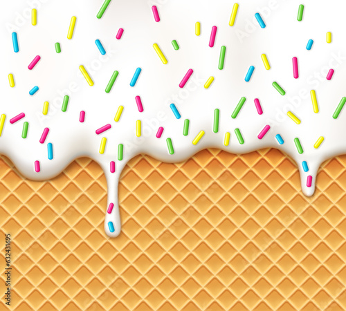 Realistic ice cream drip on wafer cone background with candy sprinkles. 3d vector melted icing, frozen yogurt or sweet sauce drop on waffle texture, liquid, glossy white molten syrup or cream border