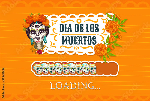 Mexican day of dead holiday loading bar. Dia de los muertos celebratory vector scale, showcasing colorful calacas, Katrina and marigolds, representing rich cultural traditions and honoring ancestors