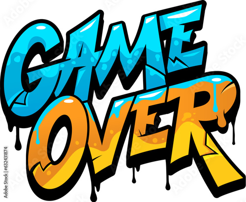 Game over graffiti street art, urban style or color paint and airbrush writing in vector. Game Over graffiti spray letters or text calligraphy in grunge font with blue and yellow paint drips splatter