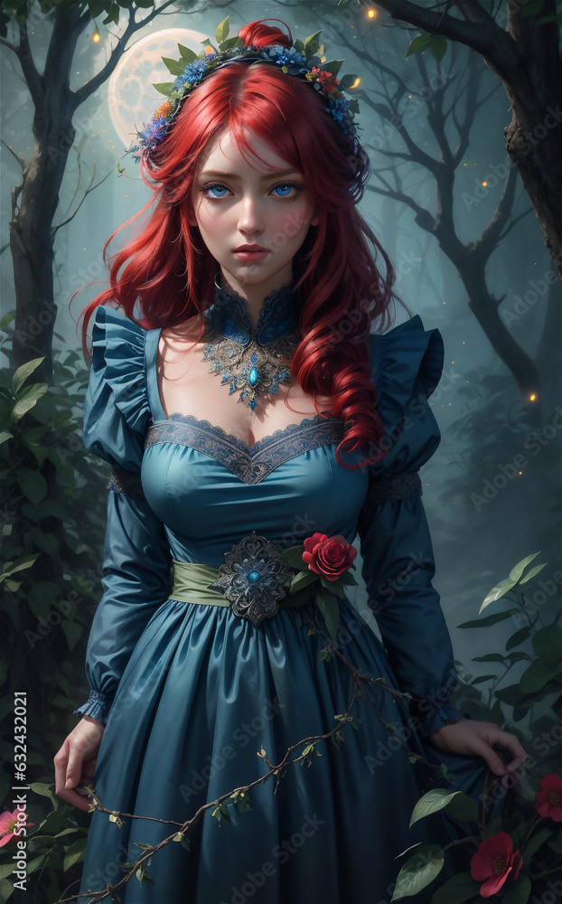 Beautiful girl with blue eyes in the moonlight. Beautiful girl in blue dress posing at night in the forest. Beautiful girl with blue eyes in the moonlight. Beautiful girl in blue dress posing at night in the forest.