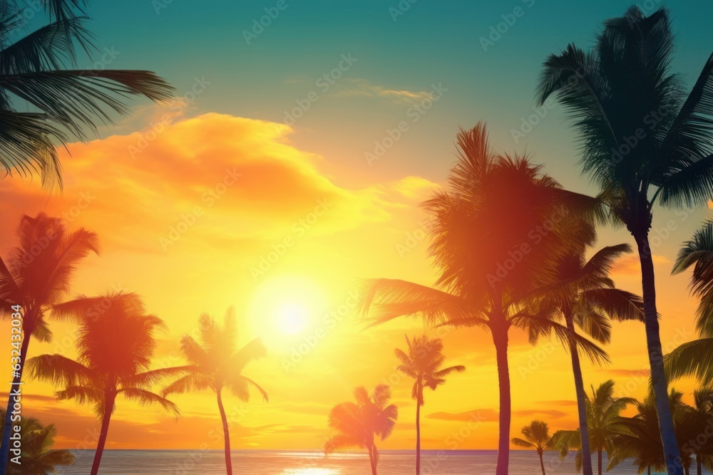Sunset in the tropic summer holiday on tropical  palm beach banner design with copy space, Generative AI