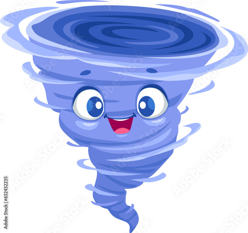 Cartoon cute tornado weather character. Isolated vector storm, whirlwind twister, cyclone personage. Funnel with funny smiling face. Weather forecast element, hurricane vortex, swirl or twist whirl