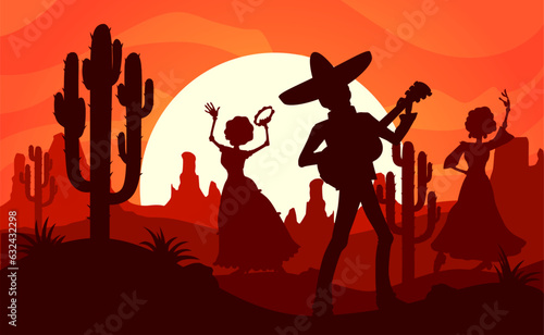 Mexican desert sunset landscape. Silhouettes of mariachi musician and dancing woman. Vector festive scene of traditional holiday celebration in Mexico with male and female figures at dusk desert