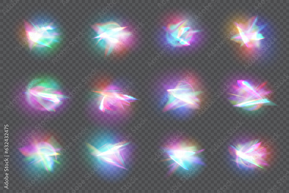 Rainbow crystal lights, prism leak. Isolated vector set of mesmerizing vibrant holographic colors created by refracting light through prisms, illuminating spaces with a radiant and enchanting ambiance Rainbow crystal lights, prism leak. Isolated vector set of mesmerizing vibrant holographic colors created by refracting light through prisms, illuminating spaces with a radiant and enchanting ambiance