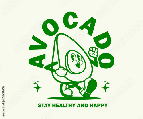 Cute kawaii avocado stickers. Set of doodle fruit on green background. Trendy decor for notebook or diary. Hand drawn vector illustration in flat cartoon style.