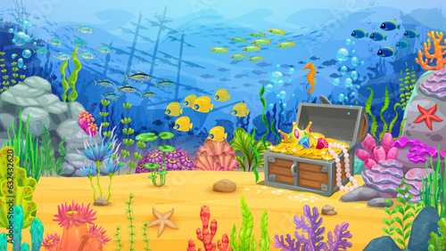 Game level underwater landscape. Cartoon treasure chest, fish shoal, seaweeds and sunken ship silhouette. Vector ocean world parallax background with shipwreck boat and pirate loot trunk on sea bottom