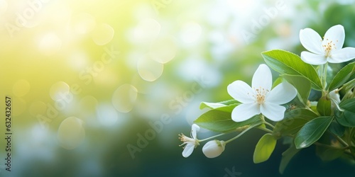 Beautiful floral spring border, blooming jasmine bush on a green background. Soft selective focus Copy Spase, Generative AI