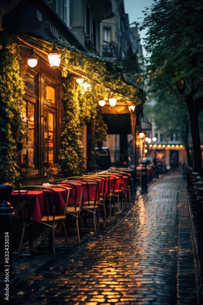 Paris's cozy restaurants and rainy street scenes, capturing the calm and romantic atmosphere of the city. Generative AI