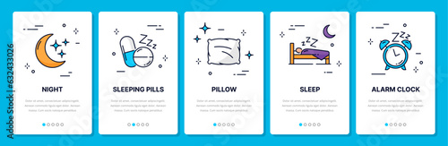 Sleep line icons, mobile app onboarding screen for healthy sleeping, vector template. Night time or bedtime onboarding screen for mobile application with sleeping tips of pillow, alarm clock and pills