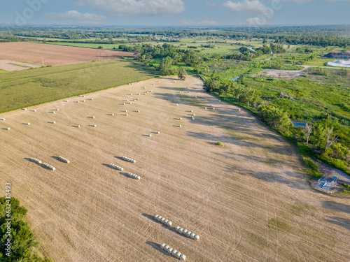 Aerial photo round hay bales Norman Oklahoma farmland landscape photo