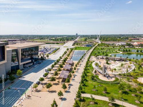 Fotografía Aerial drone photo summer at Scissortail Park Oklahoma City circa 2023