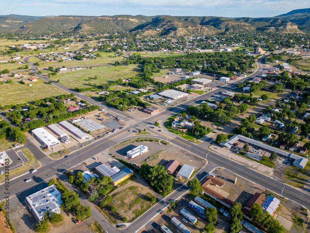 Aerial photo mobile home residential and business district Raton New Mexico USA