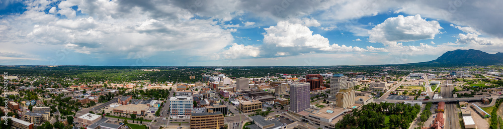 Aerial panorama Downtown Colorado Springs CO USA circa 2023