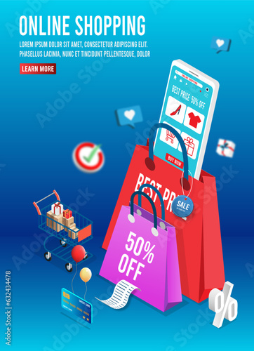Shopping online process on smartphone and tablet.