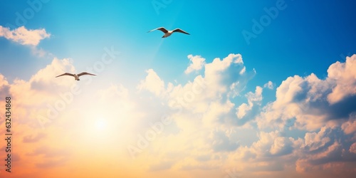 abstract beautiful peaceful summer sky background sunrise new day and flying birds, Generative AI