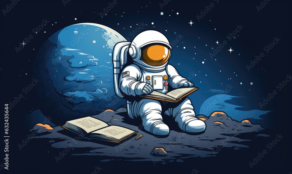 Photo of an astronaut reading a book on the moon Photo of an astronaut reading a book on the moon
