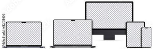 Mock-up screen 2023-2024 yers. Set devices black colors. Laptop pro and air, Computer monitor, Tablet and Smartphone with blank screens for you design. Vector illustration	