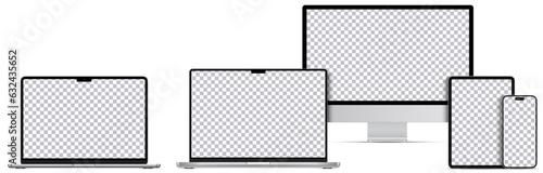 Mock-up screen 2023-2024 yers. Set devices silver colors. Laptop pro and air, Computer monitor, Tablet and Smartphone with blank screens for you design. Vector illustration