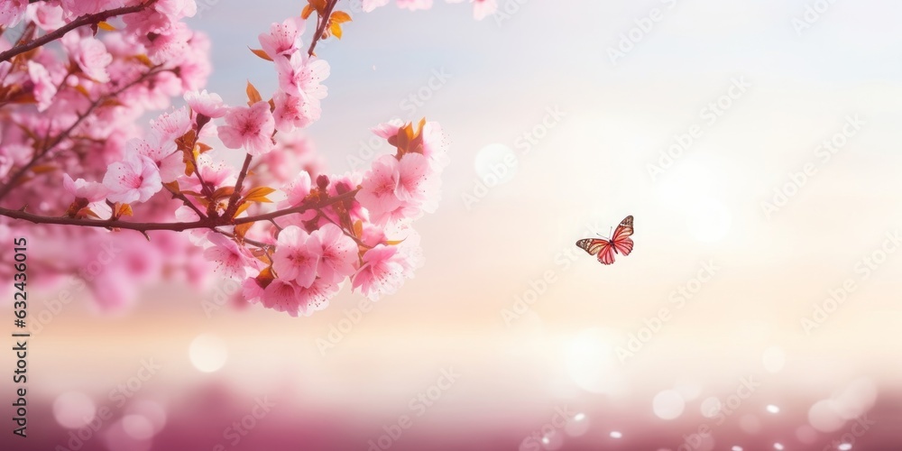 Spring tree flower background Easter greeting card design with copy space, Generative AI