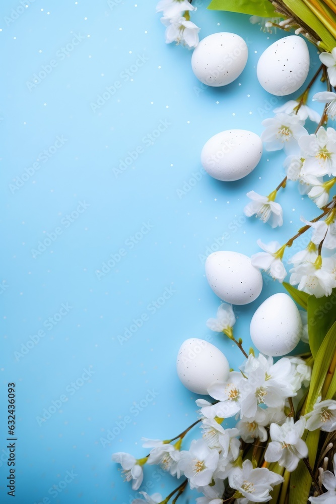 Easter eggs and Spring flower border on blue background white spring blossom border copy space, Generative AI