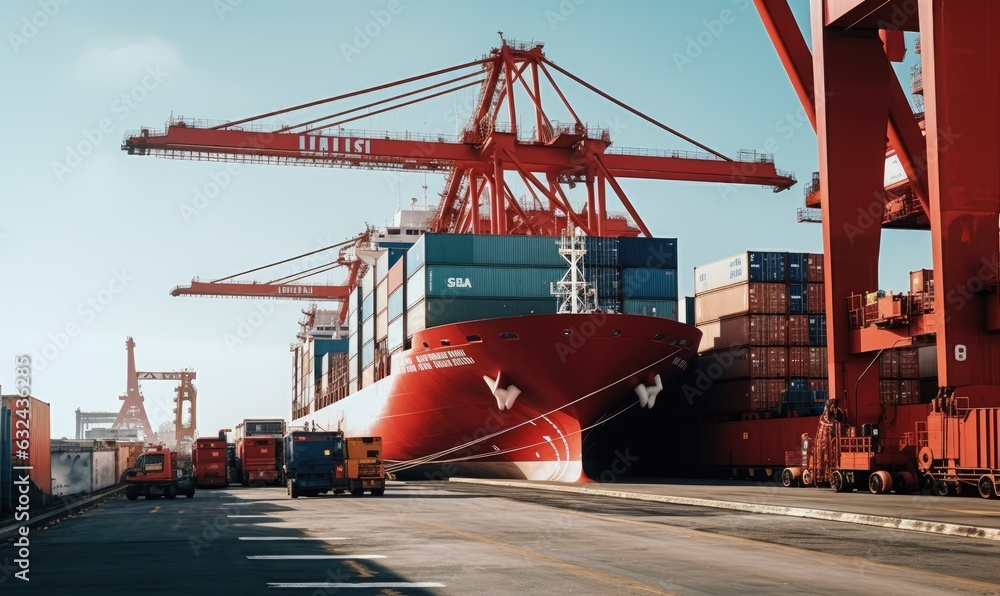 Trucks lined up at the port to receive the goods as they were unloaded from the cargo ship Trucks lined up at the port to receive the goods as they were unloaded from the cargo ship