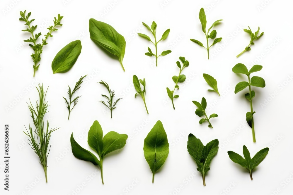 Collection of fresh herb leaves. arugula and basil Spices, herbs on a white table. PNG Food background design element with transparent shadow on transparent background, Generative AI
