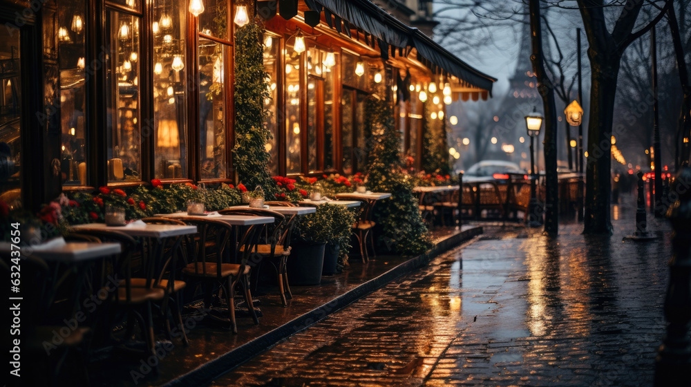 Fototapeta premium Paris's cozy restaurants and rainy street scenes, capturing the calm and romantic atmosphere of the city. Generative AI