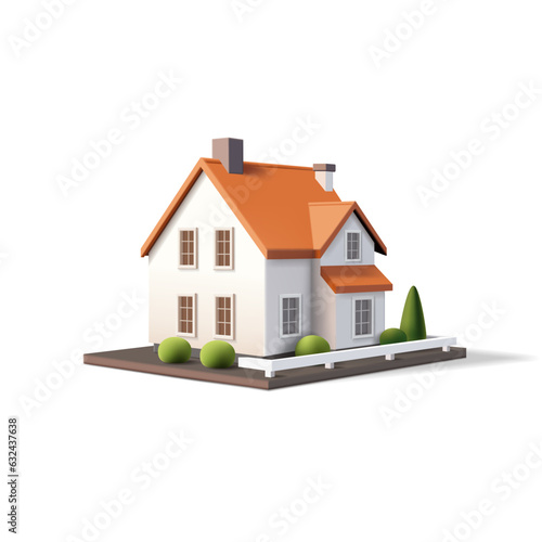 3d render vector illustration of house with red roof, white walls and yard with trees and white fence