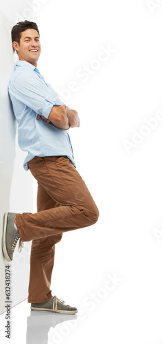Billede på lærred Happy, businessman and leaning on wall in portrait with arms crossed in confidence on transparent, isolated or png background