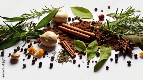 Spices and herbs with natural transparent shadow on white backgroundand. Variety of spices and mediterranean herbs. PNG Food background, Generative AI