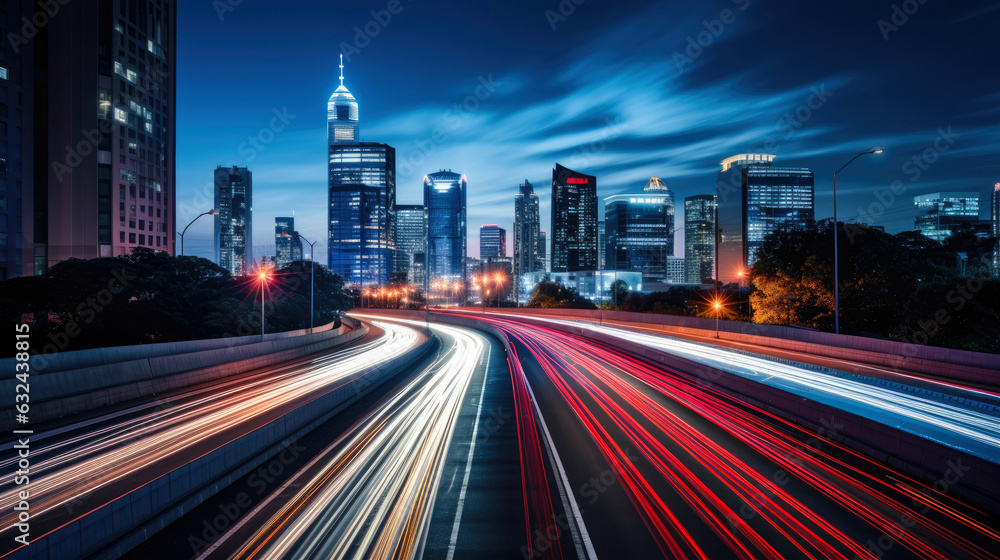 Fototapeta premium The motion blur of a busy urban highway during the evening rush hour. The city skyline serves as the background, illuminated by a sea of headlights and taillights. 