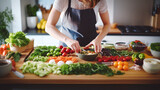  Nutritionist preparing colorful, balanced meal for her website or blog. Well-organized kitchen with fresh ingredients and cooking utensils.Generative Ai content.