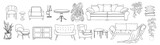 Collection of elegant modern furniture, home interior decorations in Mid Century modern retro 70s style. Hand drawn line art vector illustration, black ink sketch isolated on transparent background.