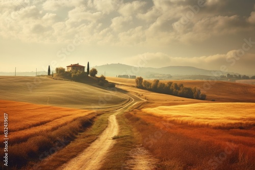 Autumn Italian rural landscape in retro style Panorama of autumn field with dirt road and cloudy sky  Generative AI