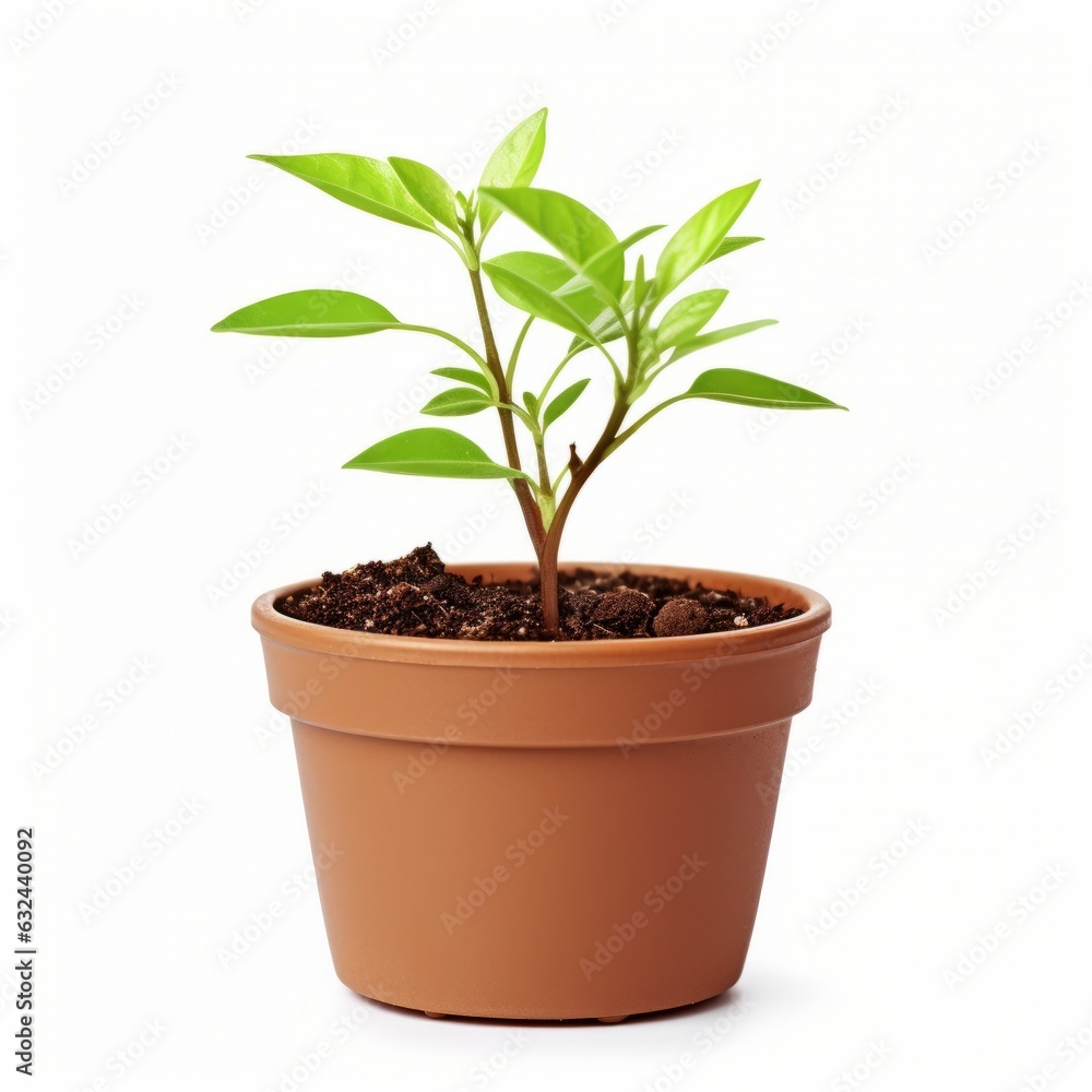 Seedling in pot isolated on white background. Generative AI image Seedling in pot isolated on white background. Generative AI image