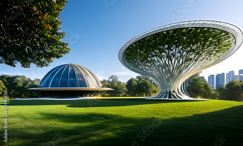 parametric architecture with a large transparent dome-style roof that looks towards a landscape of trees, inside there are also trees next to workspace