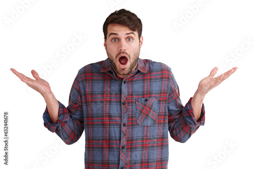 Portrait, confused and wow man with shrug hands, emoji or questions on isolated, transparent or png background. Why, face and male with dont know gesture, doubt or choice, decision and asking option photo