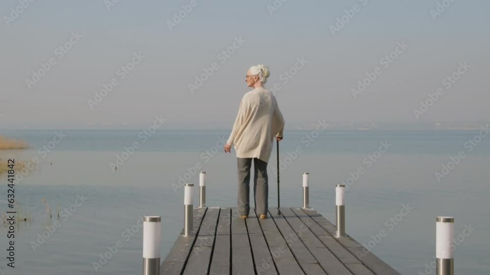 Back view of elderly gray-haired woman standing on wooden pier with walking cane and looking at beautiful lake at dawn Back view of elderly gray-haired woman standing on wooden pier with walking cane and looking at beautiful lake at dawn