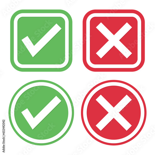 Check Mark Box Icon, Green Yes And Red No Sign, Tickmark Correct And Wrong Set Symbol, Check Mark Stickers Set, Cross, Approved Button And Reject Button, Set Of Glossy Button Vector Illustration