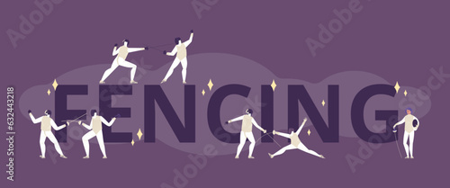 Fencing header with fencers tiny characters banner, flat vector illustration.
