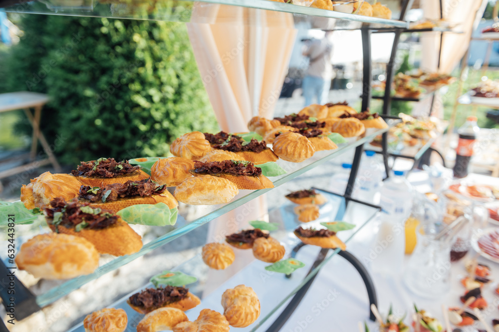 A large selection of food and different snacks in the oncoming zone of guests. A buffet for guests