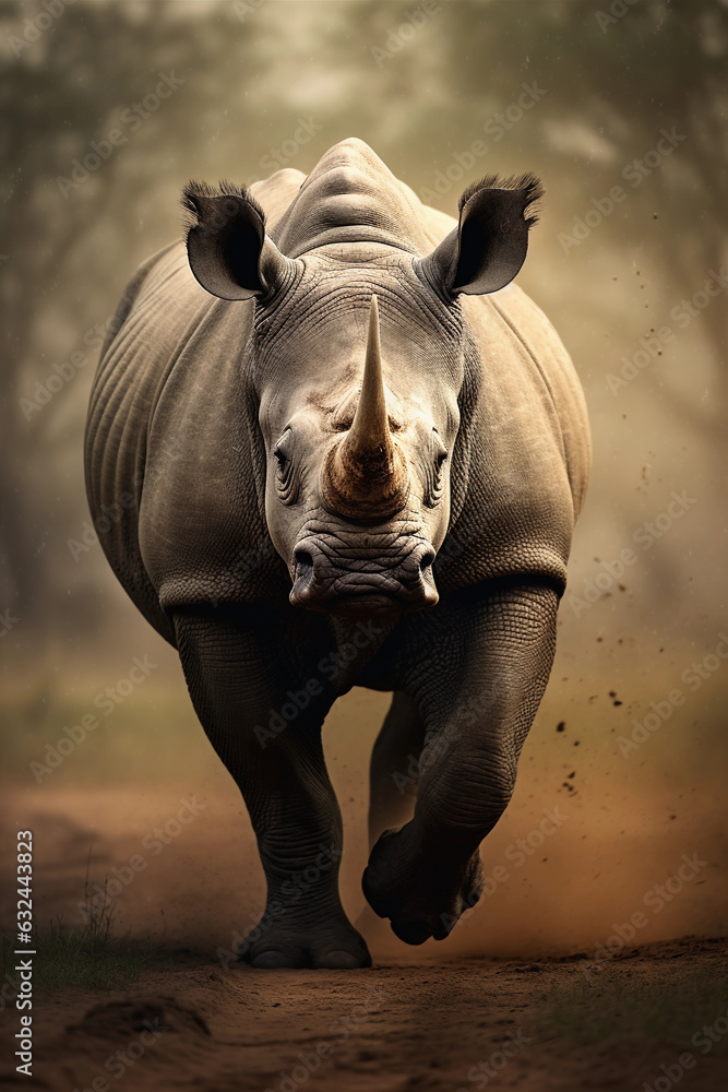 Fototapeta premium White Rhinoceros in the Savannah Showing its Power. Majestic Portrait. Wildlife Animal. Generative ai